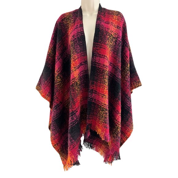 Chico's Plaid Blanket Shawl Fray Trim Fringe Ruana Wrap Poncho Knit Sweater OS